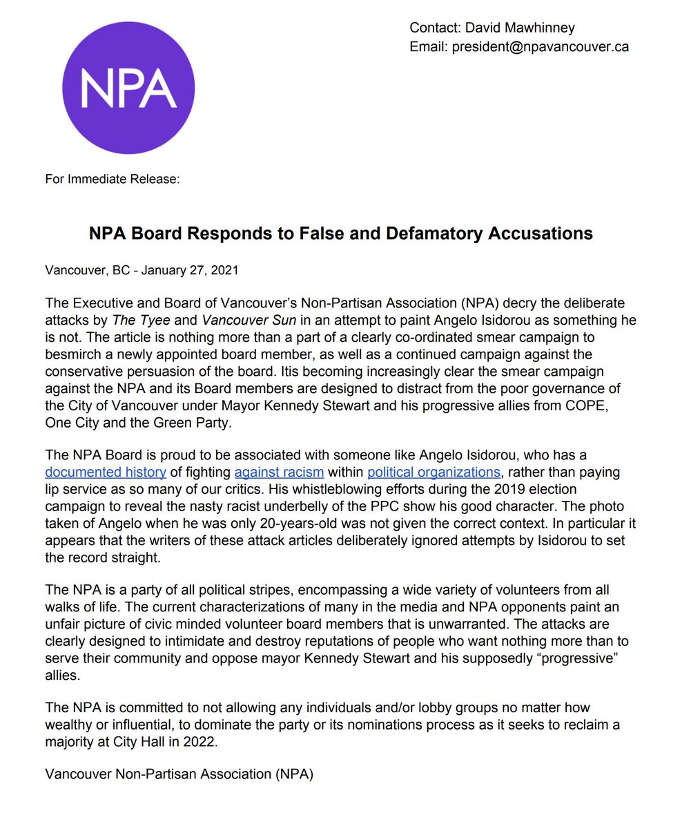 So Vancouver's Non-Partisan Association has opted to double down in its defense of Angelo Isidorou, a founding member of Yellow Vests Vancouver and director of  #UBC's "Free Speech Club."Here's a  #vanpoli thread about how this press release helps to mainstream extremism.1/11