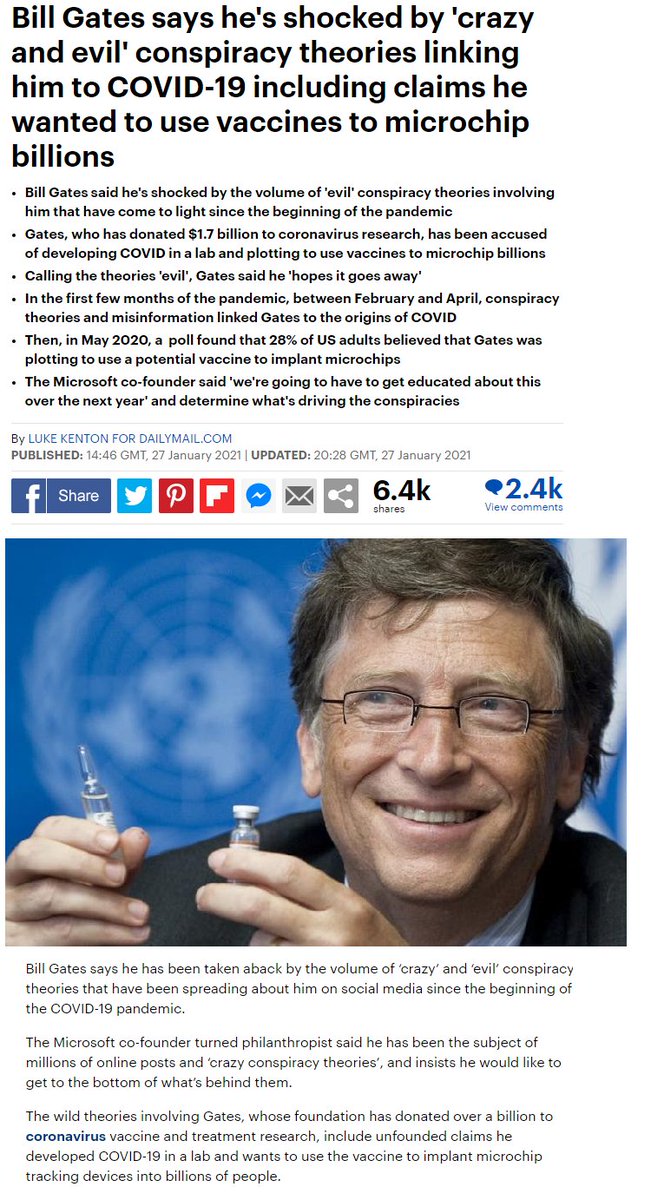 بيل جيتس يقول أنا مصدوم من نظريات المؤامرة المجنونة والشريرة التي تقول أني أخطط لزرع مليارات الرقائق الإلكترونية في البشر للتحكم بهم عن طريق نشر وباء عالمي ثم إنتاج لقاح لحقنهم بتلك الرقاقة، ويصرّ على محاولة معرفة من يقف خلف تلك النظريات المنشورة في وسائل التواصل.