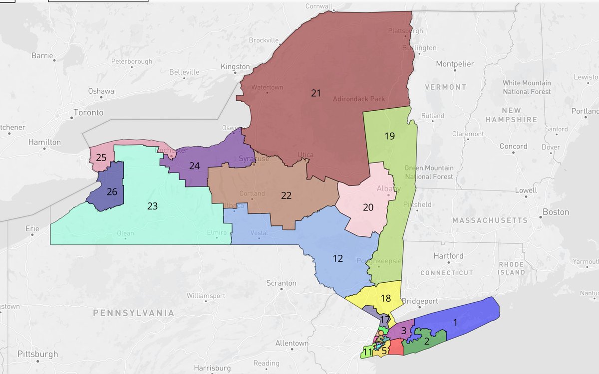 New York is poised to lose a seat. But if Dems end up drawing the map, it could be their biggest weapon of the redistricting cycle. They could merge Stefanik/Tenney (if Tenney's lead holds in  #NY22) and severely threaten other Rs, converting a 19D-8R map into 23D-3R (below).