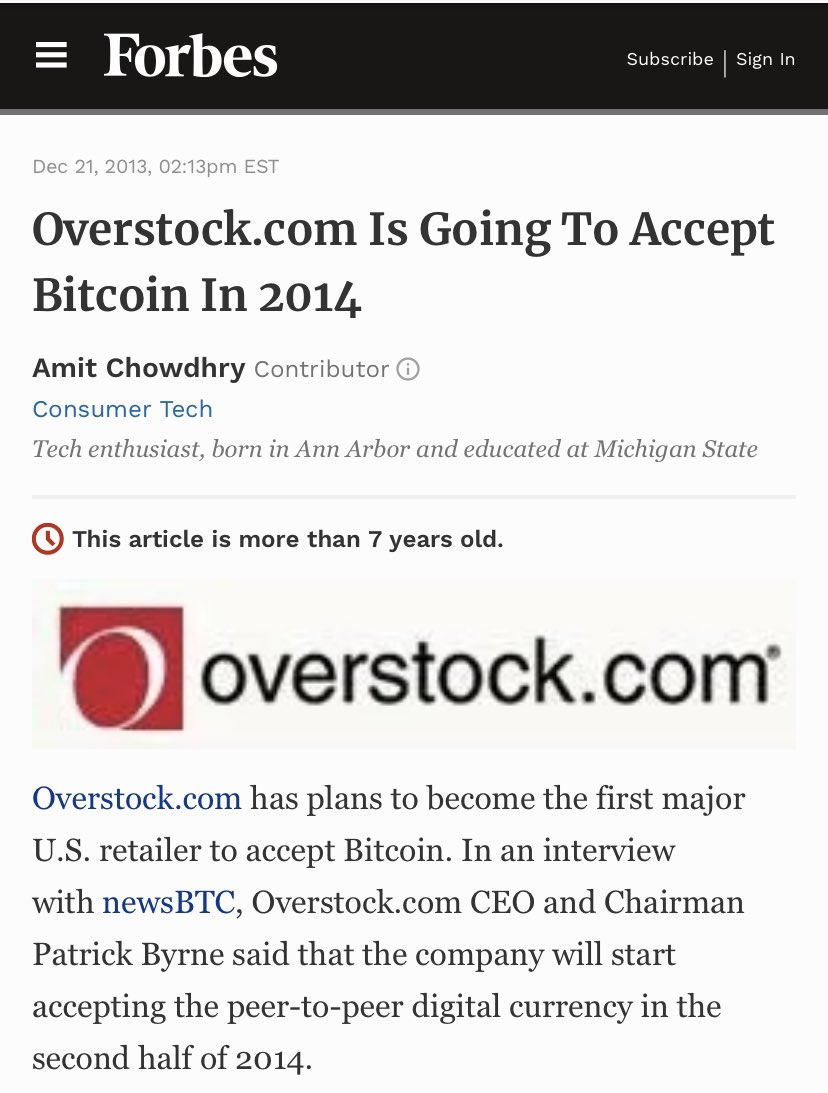 Overstock was founded by  @PatrickByrne in 1999, and was always on the cutting edge of tech. As one of the largest e-commerce platforms in the 2000-2010s, the company was also an early Bitcoin adopter, accepting BTC as payment as early as 2014: