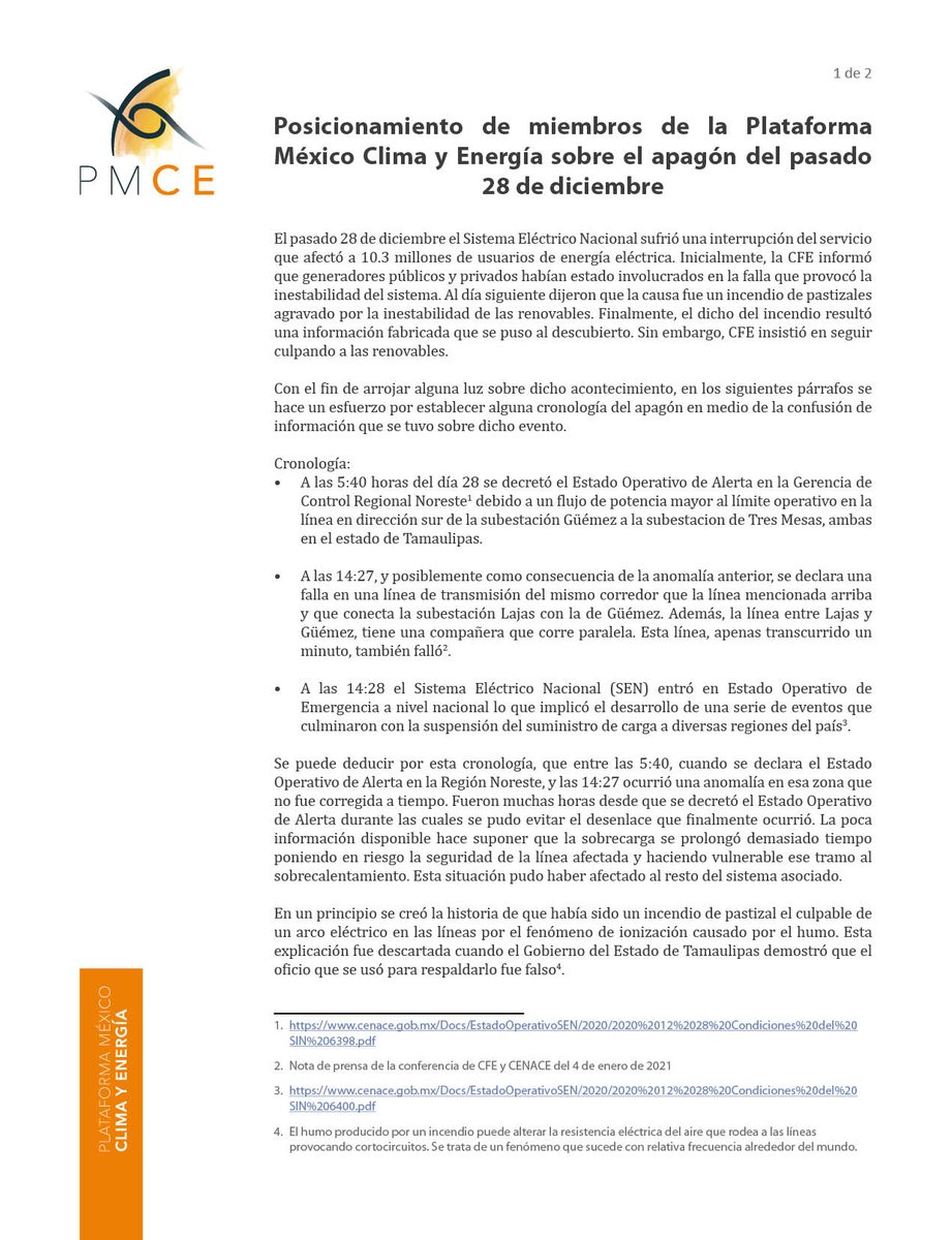 PMCE7's tweet photo. Algunos miembros de la #PMCE definieron su postura ante el apagón del 28 de diciembre pasado. Reiteran la falsa información proporcionada por @CFE que culpa a las #ER del daño causado en la distribución. https://t.co/v4jCgW7ANb