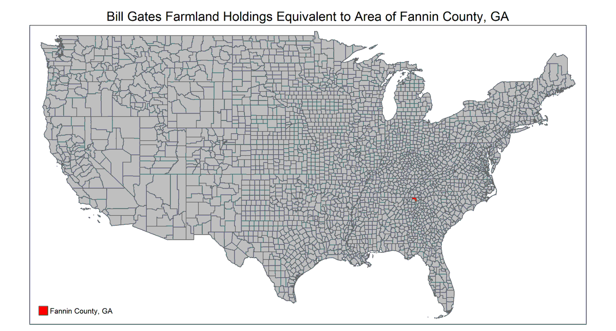 2. Recently, Land Report wrote that Bill Gates owns more US farmland than anyone else with 242,000 acres - equivalent to the area of Fannin County GA. Minnesota's Offutts and California's Resnicks rank second equal on the list.  https://landreport.com/2021/01/bill-gates-americas-top-farmland-owner/