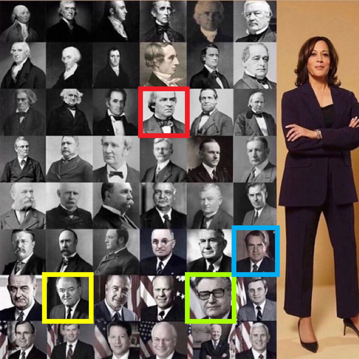 Let's put #KamalaHarris's appointment into perspective. Until red, she would have been enslaved. Until blue, she would have attended a segregated school. Until yellow, she wouldn't have been able to vote. Until green, she wouldn't have her own bank account. Today, she is the VP.