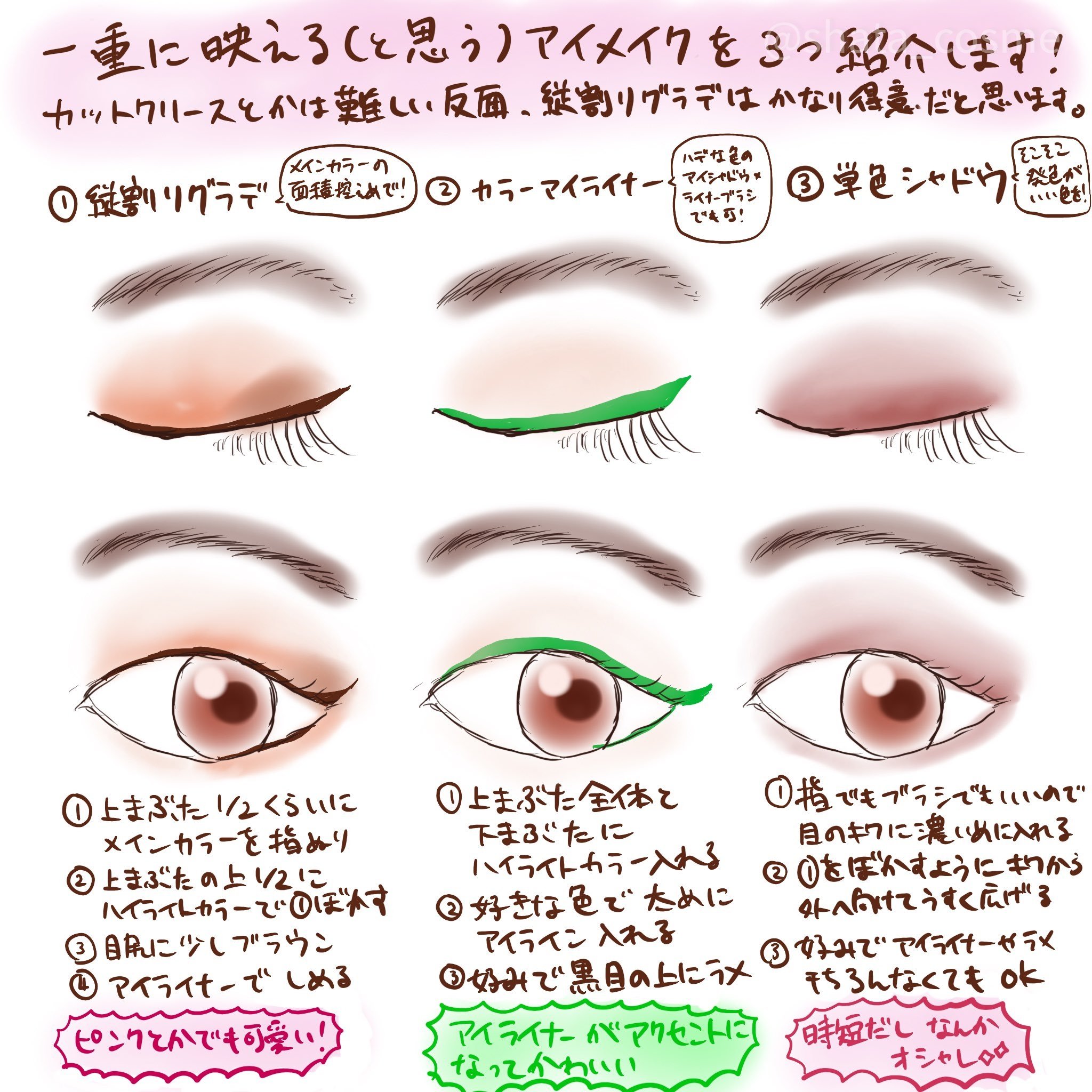 しゃた ちなみに 鮮やかなブルーの広範囲塗りやカットクリースについても 一重 さん絶対ng というわけではなく バサバサのつけまつげをつけたりすることで似合わせることはできそうです が 一重メイクが似合わず悩んでいる方には難易度が高いと思うので