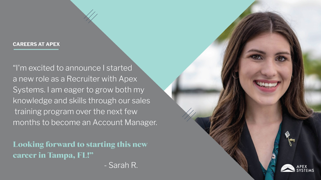 We are so excited to welcome #ApexNewHire Sarah R. as a Recruiter in our #Tampa office and follow her to journey to become an Account Manager. Visit our website to learn more bit.ly/3oeDGSs. #ApexCareers #NewJob #recruiting