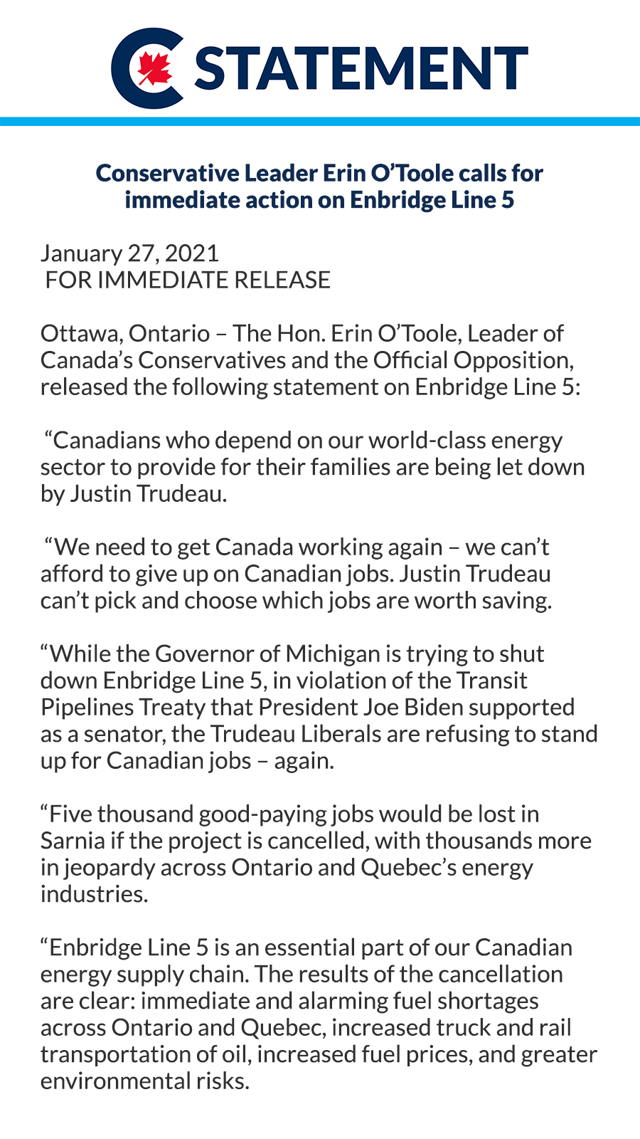 Erin O Toole Enbridge Line 5 Is Essential It Supplies Oil And Gas To Ontario And Quebec And Is Responsible For Thousands Of Jobs Justin Trudeau Needs To Ensure It