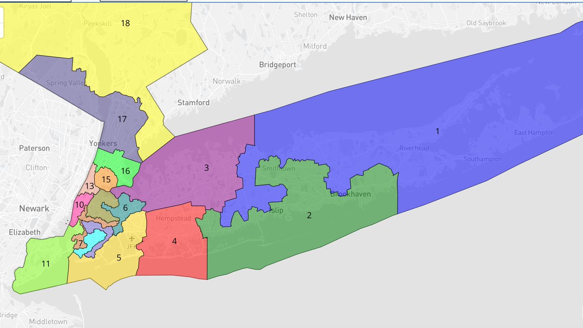 NYC/Long Island: Dems could endanger Rep. Lee Zeldin (R) by adding Dem parts of Babylon/Islip to  #NY01 and Rep. Nicole Malliotakis (R) by adding Park Slope/Red Hook to Staten Island's  #NY11. Under the hypothetical below, both go from Trump CDs to double digit Biden CDs.