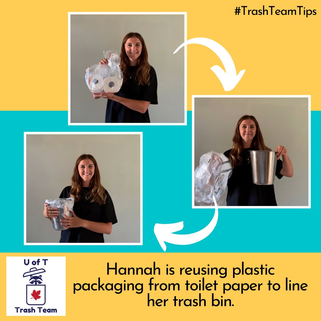 UofTTrashTeam's tweet photo. This is one of our fave #TrashTeamTips - find a new use for any #PlasticPackaging. Here we have @HanDefrond showing how you can turn packaging into a liner for your trash bin. Brilliant! #HomeWasteAudit https://t.co/gWjsWnGbCI