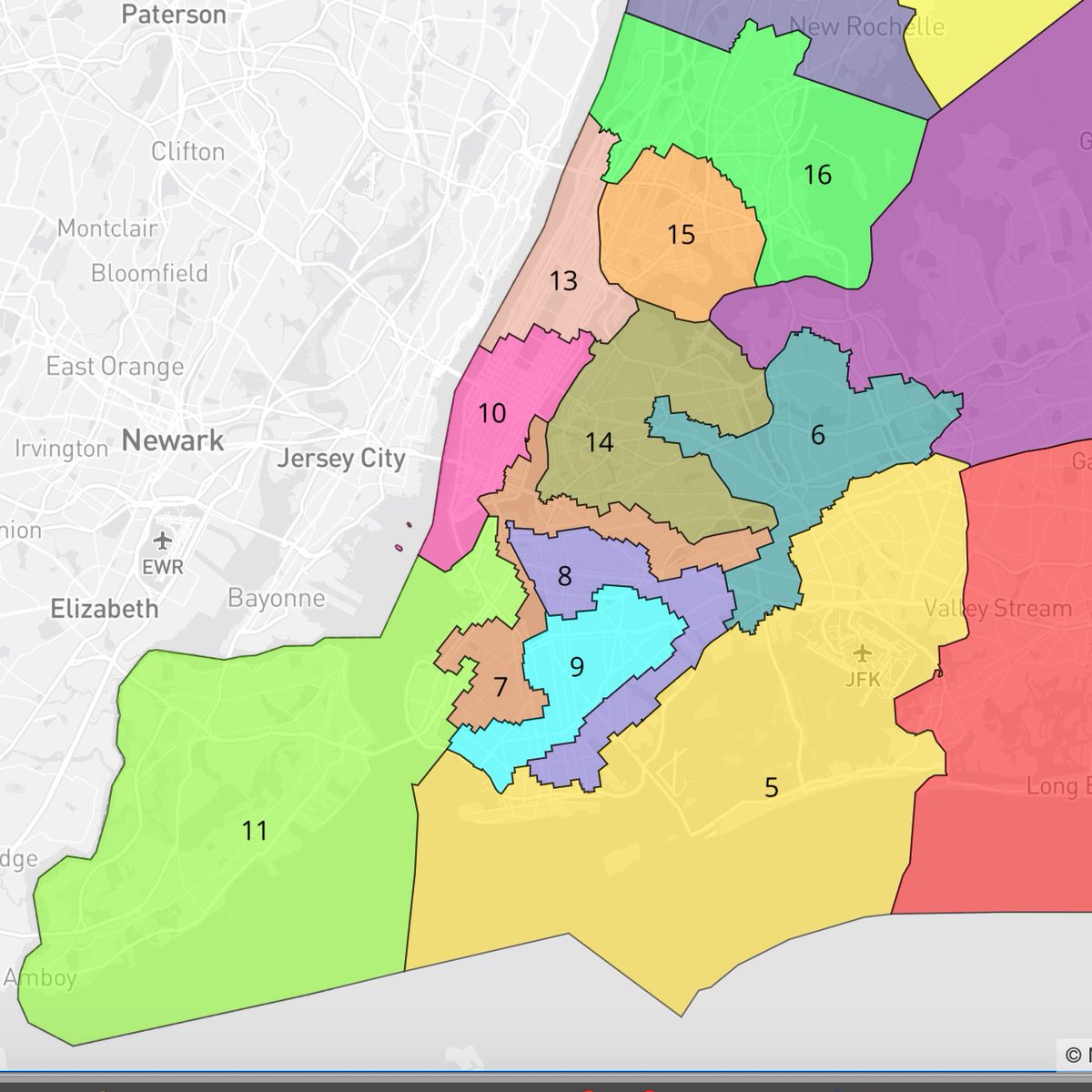NYC closeup: majority-minority districts would be preserved for... #NY05 Meeks (D),  #NY06 Meng (D) #NY07 Velazquez (D) #NY08 Jeffries (D) #NY09 Clarke (D) #NY13 Espaillat (D) #NY14 Ocasio-Cortez (D) #NY15 Torres (D) #NY16 Bowman (D)