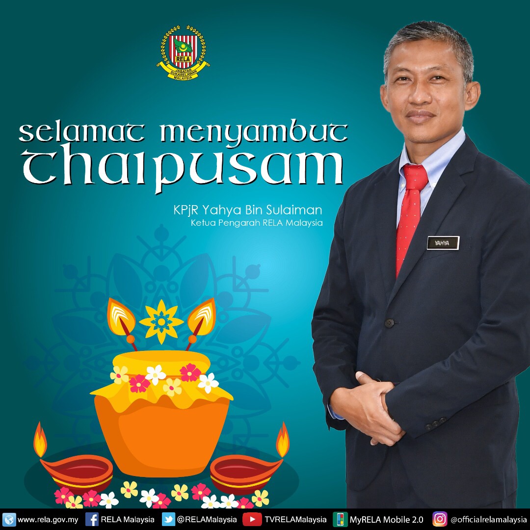 Selamat Hari Thaipusam 2021 buat warga RELA seluruh negara yang beragama Hindu. SOP PKP dipatuhi &amp; amalkan 3W (Wash, Wear, Warn) dan elakkan 3C (Crowded place, Confined spaces, Close conversation) di musim perayaan.
