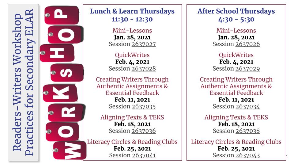 R10ELA's tweet photo. Interested in readers-writers workshop strategies for grades 6-12 for face-to-face or virtual instruction? Take your pick of topics! Go to https://t.co/uyaZQ40itv for more info & registration. @Region10ESC #R10remote https://t.co/PDWiOoU1hg