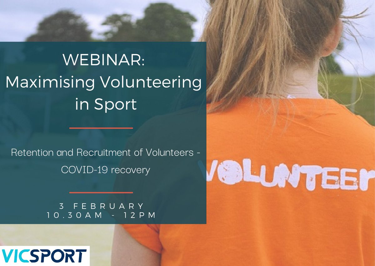 Don't forget! Vicsport's webinar on reviewing existing volunteer data &amp; discussing ideas, strategies &amp; tips to engage volunteers back to sport will be held Feb 3: bit.ly/3sAEGDS

Featuring @sportaustralia, <a href="/tennis_vic/">Tennis Victoria</a>, <a href="/Rosterfy_Aus/">Rosterfy</a>, <a href="/VolunteeringVic/">Volunteering Victoria</a> &amp; <a href="/FedUniAustralia/">Federation University</a>!