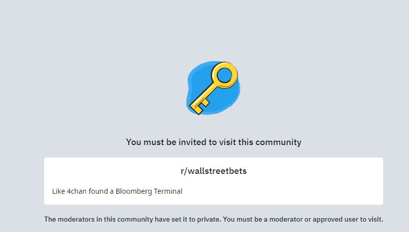 tracyalloway's tweet photo. Aaaand r/wallstreetbets just went private https://t.co/wAudxFdqfl