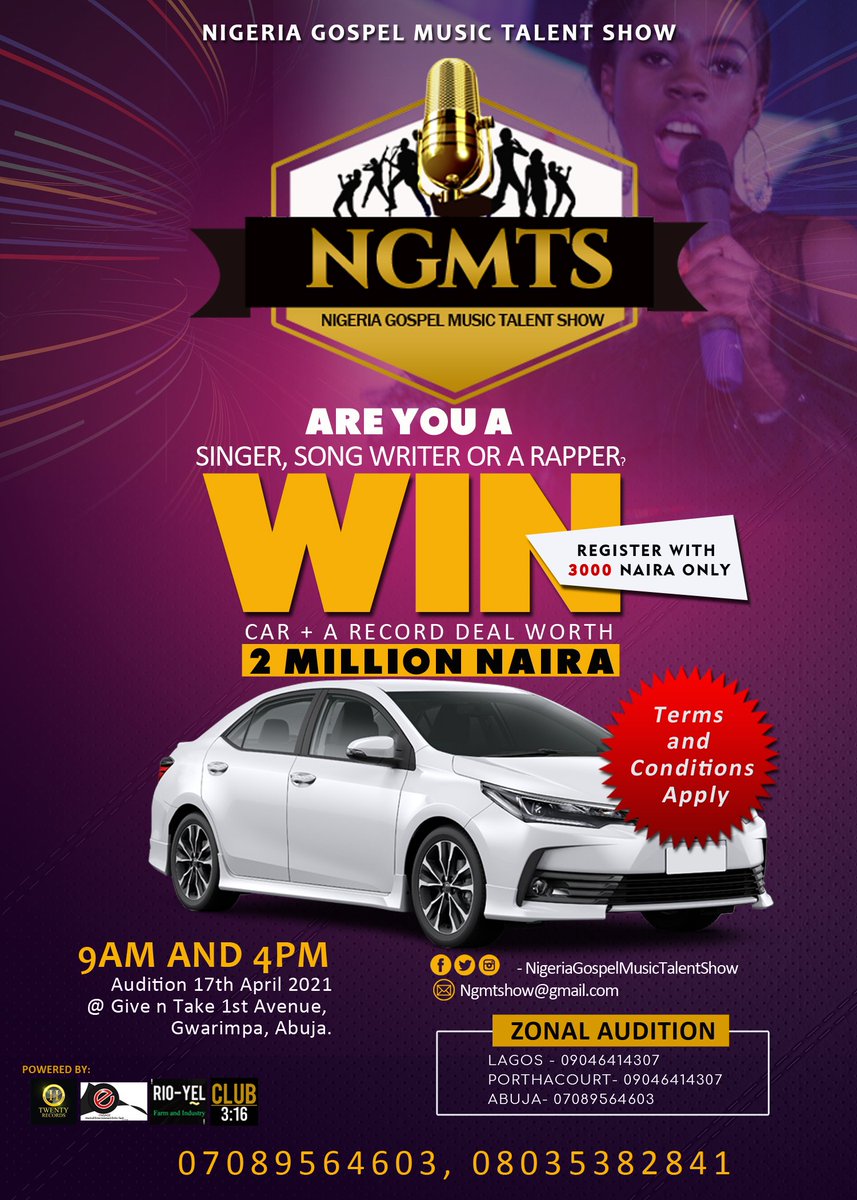 NigeriaShow's tweet photo. Are you a good singer, song writer or a rapper?
Get signed and become the next big name.
Register with 3k and with a car
Audition 17th April 2021 @ Give n Take, Gwarimpa, Abuja.
07089564603
#TheBest #h20records1
#Jayjayondbeat
#CelebrityIU https://t.co/OhL0rWFvEX