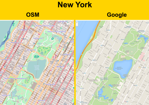 FactsRude's tweet photo. OpenStreetMap vs Google Maps

The maps speak for themselves, it's like a contest between Wikipedia and Encarta, not to mention that one is open data. https://t.co/d4F8lYODbF