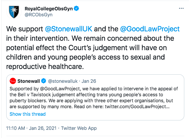 Oddly the position statement doesn't mention Stonewall or the Goodlaw Project - the two organisations that were specifically tagged in the tweet.