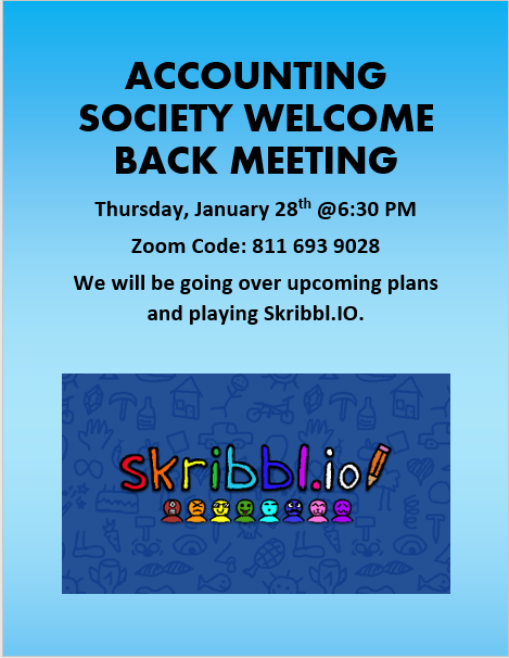 ASofCU's tweet photo. The Accounting Society's first meeting of the semester is this Thursday at 6:30PM with the Zoom code: 8116939028 or at the link https://t.co/JFVTGJK3Fg. We will be going over our plans for this semester and playing https://t.co/dtfjnTf3pe. We hope to see you there! https://t.co/ybax47rgKT