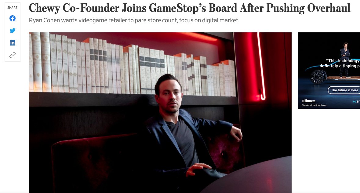 Gamestop is a video game retailer and has been poised, especially w/ the pandemic, to go the way of Blockbuster.In December, former Chewy CEO Ryan Cohen took the reins, and a 13% stake, to pivot Gamestop into an eCommerce force just like his previous venture.