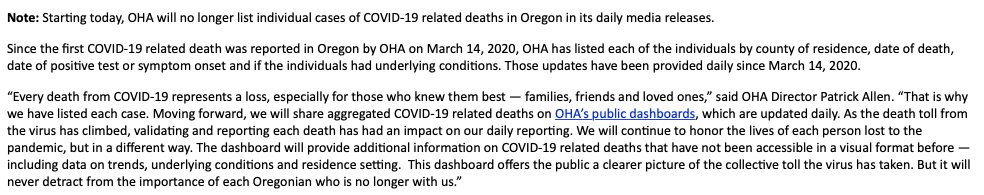 Not a great look.

<a href="/OHAOregon/">OR Health Authority</a> has suddenly, and without discussing this with media, asserted that it will no longer provided detailed information about COVID-19 deaths.