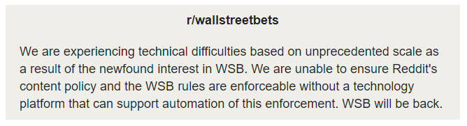 #wallstreetbets subreddit updates their private message, they are not banned or taken down, but simply combatting spam, bots, and possible DDoS type posting.. not their first rodeo