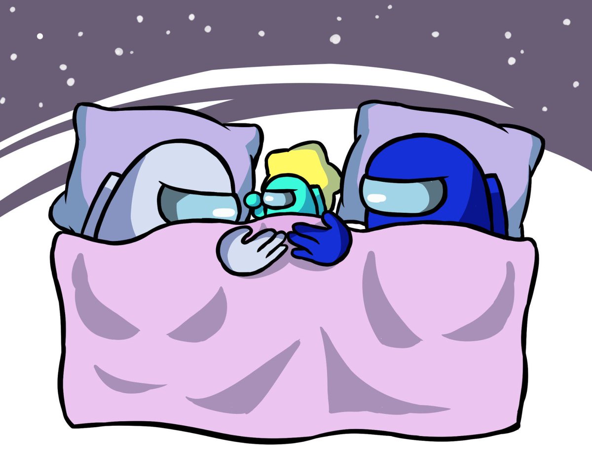 crewmate (among us) spacesuit multiple others pillow disembodied limb space helmet blanket under covers  illustration images