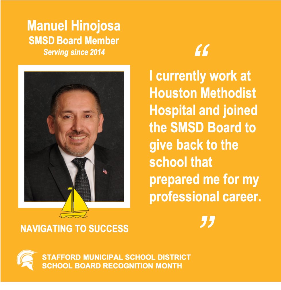 StaffordMSD's tweet image. #SMSDBoard Trustee Hinojosa works in the medical field by day. He is the first SMSD graduate to become a board member. As a father, he wants to impact his children in a positive way and we know many students will also be inspired by his example. A huge thank you for all you do!