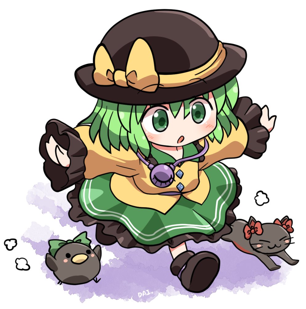 kaenbyou rin ,komeiji koishi ,reiuji utsuho green skirt hat skirt third eye yellow shirt green hair shirt  illustration images