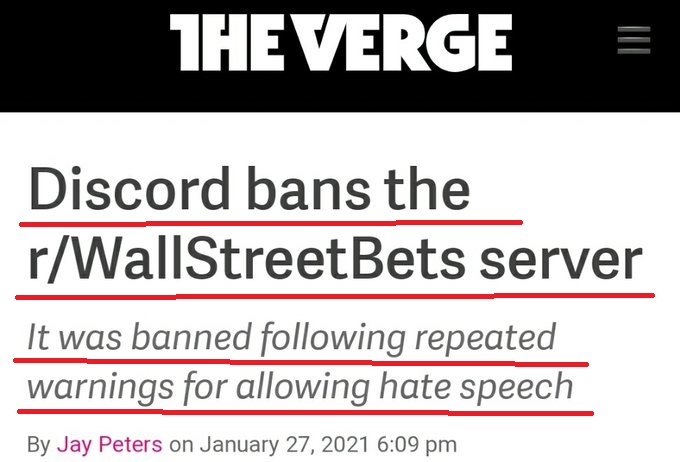 1/Amateur investors from reddit took on large hedge funds by betting against them, and just as they started winning Discord banned their server. The excuse they gave was.... *Hate Speech*So, lets talk about power, information, and the blue check industrial complexA thread
