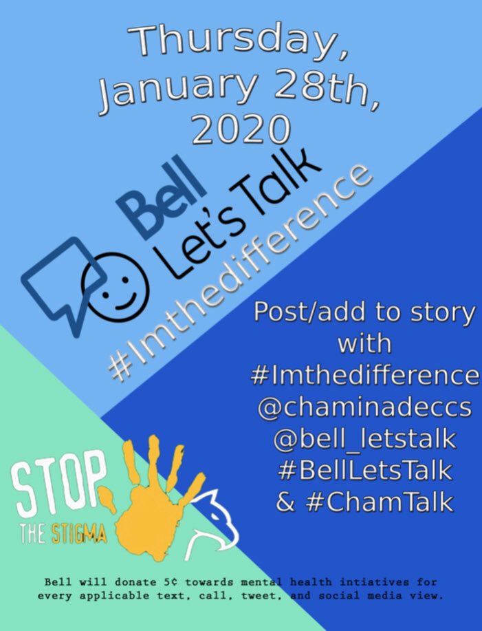 ChamCCS's tweet photo. Let’s reduce the Stigma! Increase the awareness. Take action! Stand up for those in Silence. Message out today with Bell Talk, Help Make it a Better world for all. Let's make a difference.#Imthedifference @STS_CHAM @ChaminadeSchool @TCDSB #BellLetsTalk #ChamTalk #BellLetsTalkDay https://t.co/JRf90oOvv8