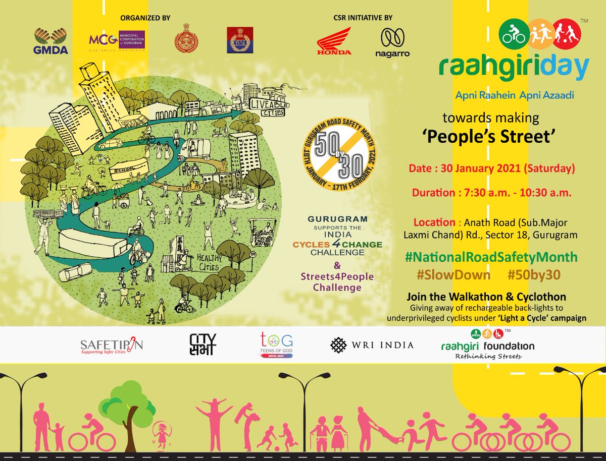 We're stoked to be partnering with @Raahgiri_Fdn @WRICitiesIndia @WRIIndia @OfficialGMDA @safetipinapp for the #Cycles4Change #Streets4PeopleChallenge in #gurugram this Saturday, 30th Jan! Join us in Sector 18 for placemaking events! #NationalRoadSafetyMonth #SlowDown #50by30