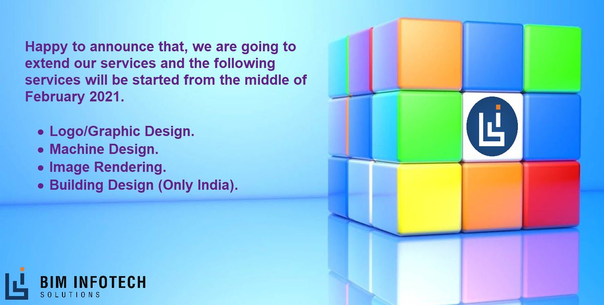 InfotechBim's tweet photo. We are going to extend our services and will be started from the middle of February 2021.

#logodesigns #logomaker #logodesign #graphics_logo #graphicsdesign #graphicdesign #graphicdesigner #rendering #ImageRendering #BuildingDesign #MachineDesign https://t.co/DTN9rOCdU7