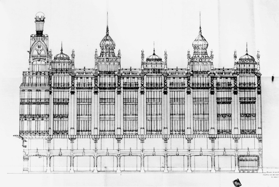 Un proyecto, en hierro y hormigón armado, de amplias plantas. Los almacenes estarían en las plantas bajas, las intermedias serían viviendas de alquiler y arriba estarían los talleres de costura. En las fachadas a ambas plazas se alternarían miradores y columnas.