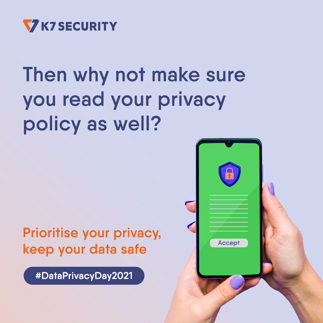 k7computing's tweet image. Let #DataPrivacyDay2021 serve as a reminder to check your privacy policies. Protect your information and data from all third parties.

#DataPrivacy #protectyourdata #data #onlinesecurity #internetsecurity #phishing #privacypolicy #datasecurity #educate