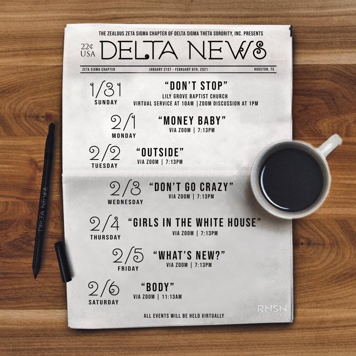 UH_Deltas's tweet photo. The Zealous Zeta Sigma Chapter of Delta Sigma Theta Sorority, Inc. presents to you the schedule of events for our Spring 2021 Delta Week! See you there! 

#uh #deltasigmatheta #dst #zetasigma https://t.co/fZwt0NwTTz
