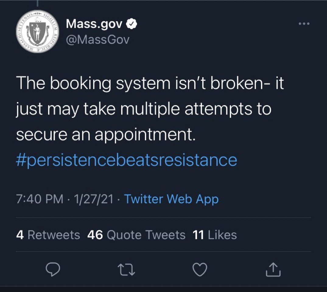 The Massachusetts “ booking system isn’t broken, it just may take multiple attempts to secure an appointment”