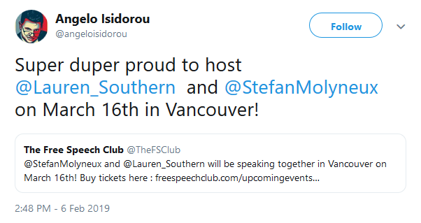 Don't forget that Isidorou and his  #UBC club hosted Ben Shapiro (who inspired the Quebec City mosque shooting), and attempted to host Stefan Molyneux and Lauren Southern (whose "great replacement" white nationalism inspired shootings in NZ & El Paso).This stuff is deadly. 11/11