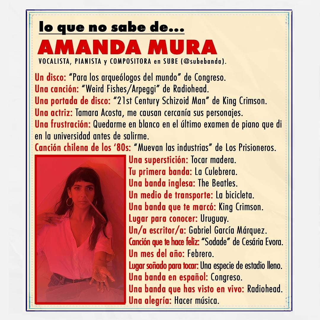 edle_cl's tweet photo. ¡Hay una nueva edición de "Lo que no se sabe de..."! La entrevistada de hoy es Amanda Mura, vocalista, pianista y compositora de @subebanda. Puedes revisar las respuestas en la imagen 👇
#amandamura #sube https://t.co/hSNLJ0t6rb