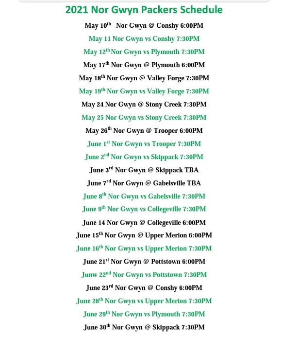 2021 Nor Gwyn Packers Schedule