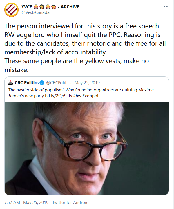 Isidorou has been playing this angle for some time. Here he is making the same claim to  @VestsCanada in 2019. His "fighting against racism" doesn't appear to be anything more than a grudge against his former employer: the People's Party of Canada. 5/11