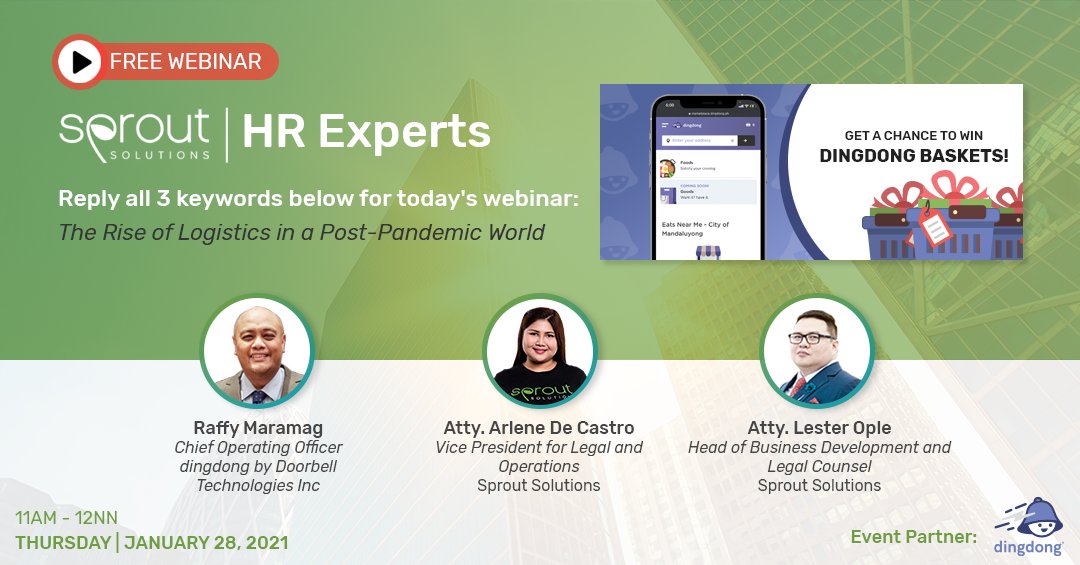 SproutHRTech's tweet photo. Join us on a special #eventpartnership with
@DingDong_PH & get a chance to #win 5 exclusive #dingdong baskets:
1. Collect all 3 keywords
2. Follow us on Twitter @SproutHRTech
3. Share with us what you learned about the event & don't forget to use #SproutDingDongPH https://t.co/iMNiEv7Wd3