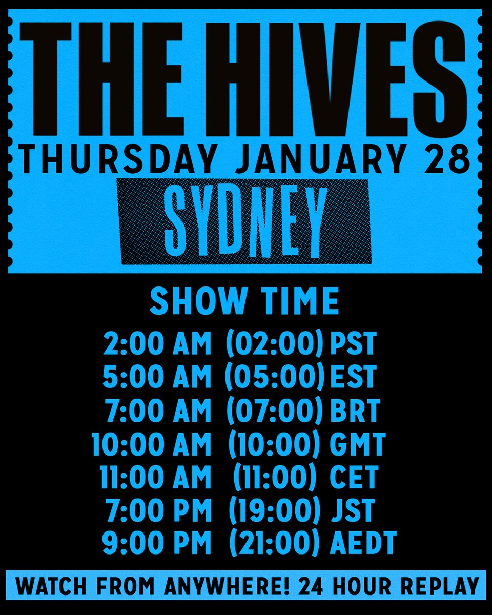 TheHives's tweet image. Time to head down under! 
3 shows left &amp;amp; tonight it’s Sydney.
Rest of the world: Chuck a sickie and come dancing! 
- 24 hour replay - 
Store.TheHives.com