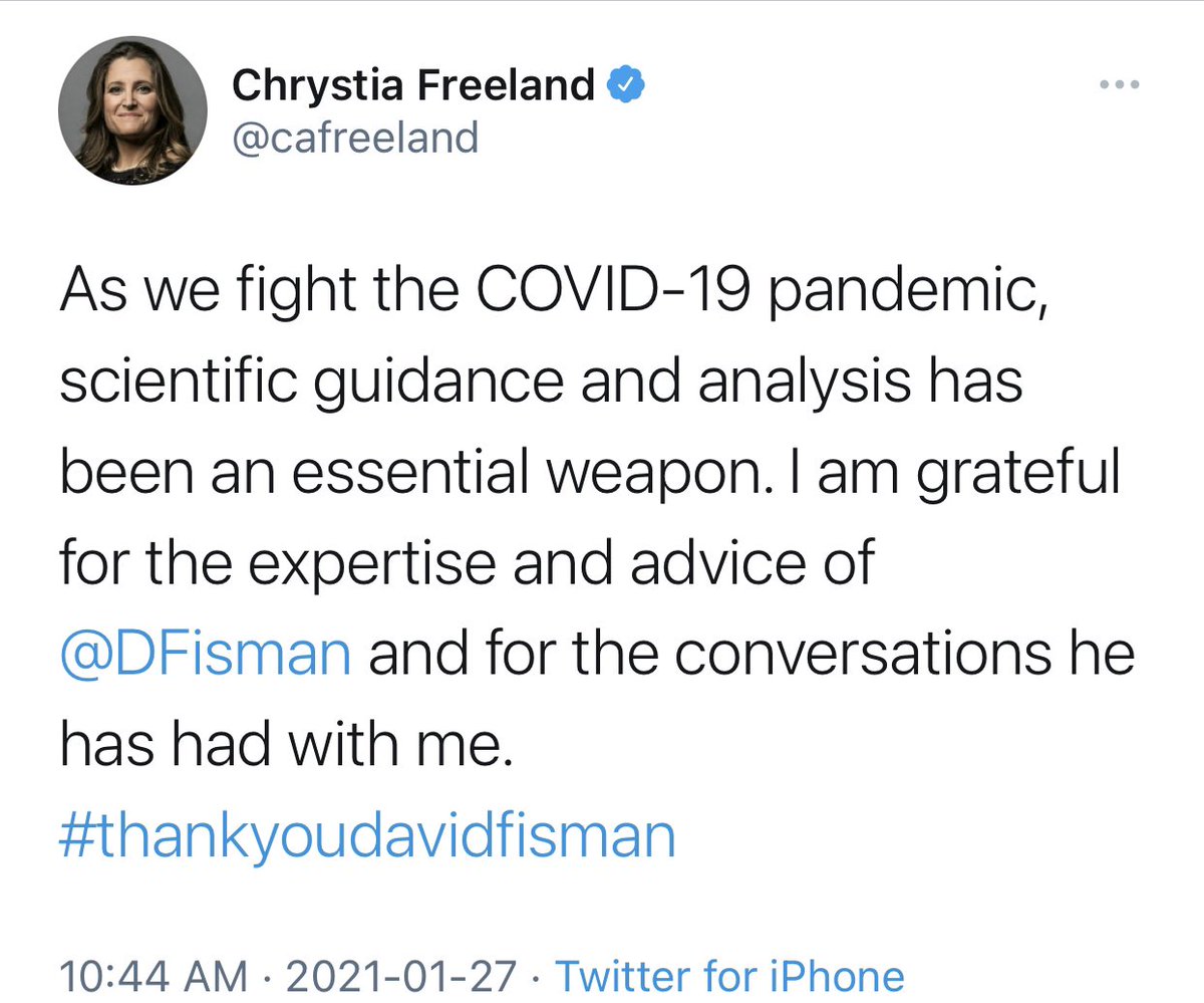 15/ Today, even Freeland tweeted about Fisman. The federal govt is openly supporting the SAT & ppl criticizing you. You are the scapegoat  @fordnation, they’re preparing to get rid of you after using you #COVID19  #Canada  #Ontario  #cdnpoli  #onpoli  #lockdown