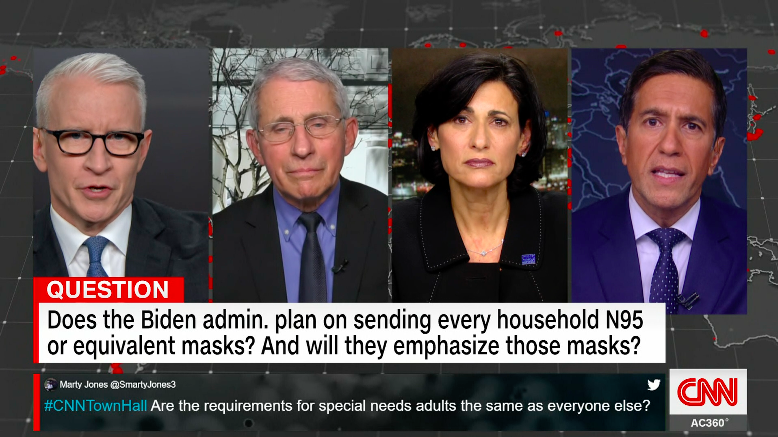 THREAD1/ On  #CNNTownHall today-  @drsanjaygupta and  @AC360 asked Dr. Fauci &  @RWalensky  @CDCDirector about  #BetterMasks They pressed them on key points- should people get access to  #BetterMasks?Will the federal government help get these masks to people (N95s as an example)?