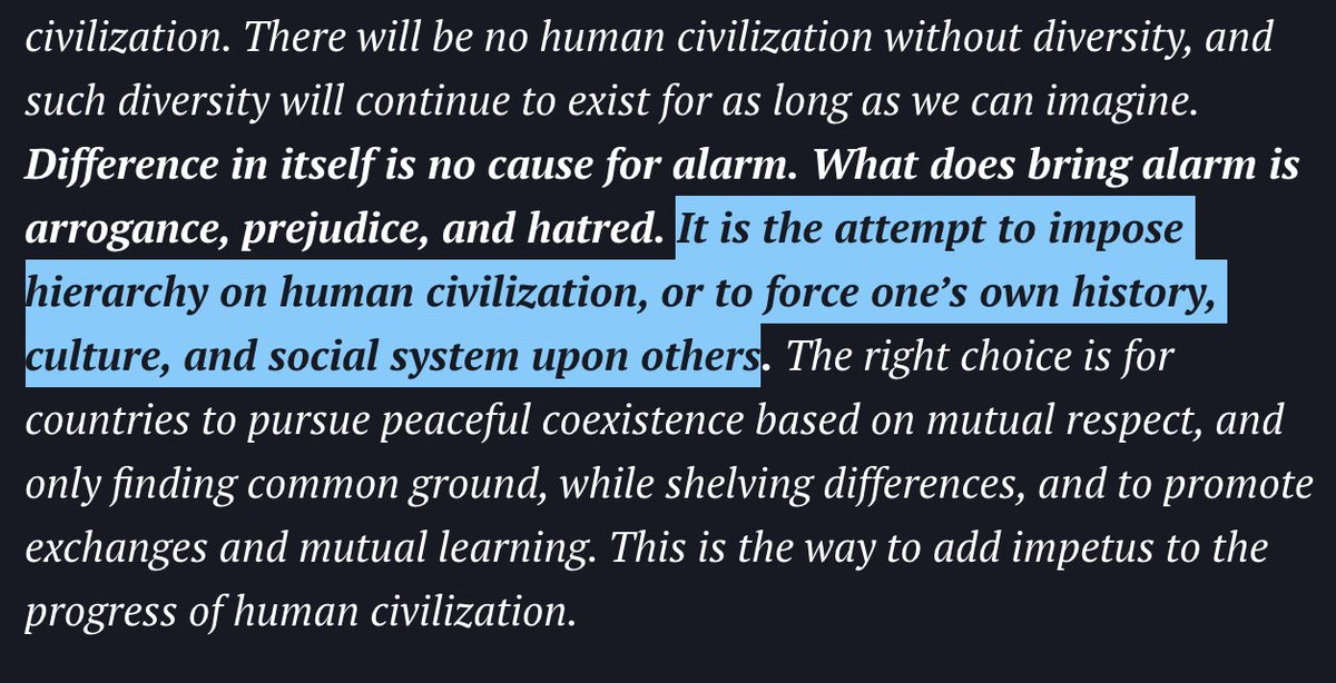 The Uyghurs, Tibetans and Hong Kongers would like to have a word with you about this "forcing one's own history, culture and social system upon others" bit.