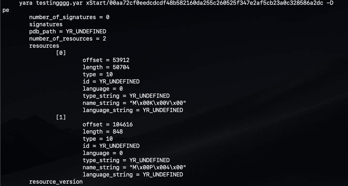 Just like other aspects of PEs, attackers leave fingerprints or tool marks on the resource section. The xStart family contained resources named after media file types (MKV, MP4) seen via yara's -D flag