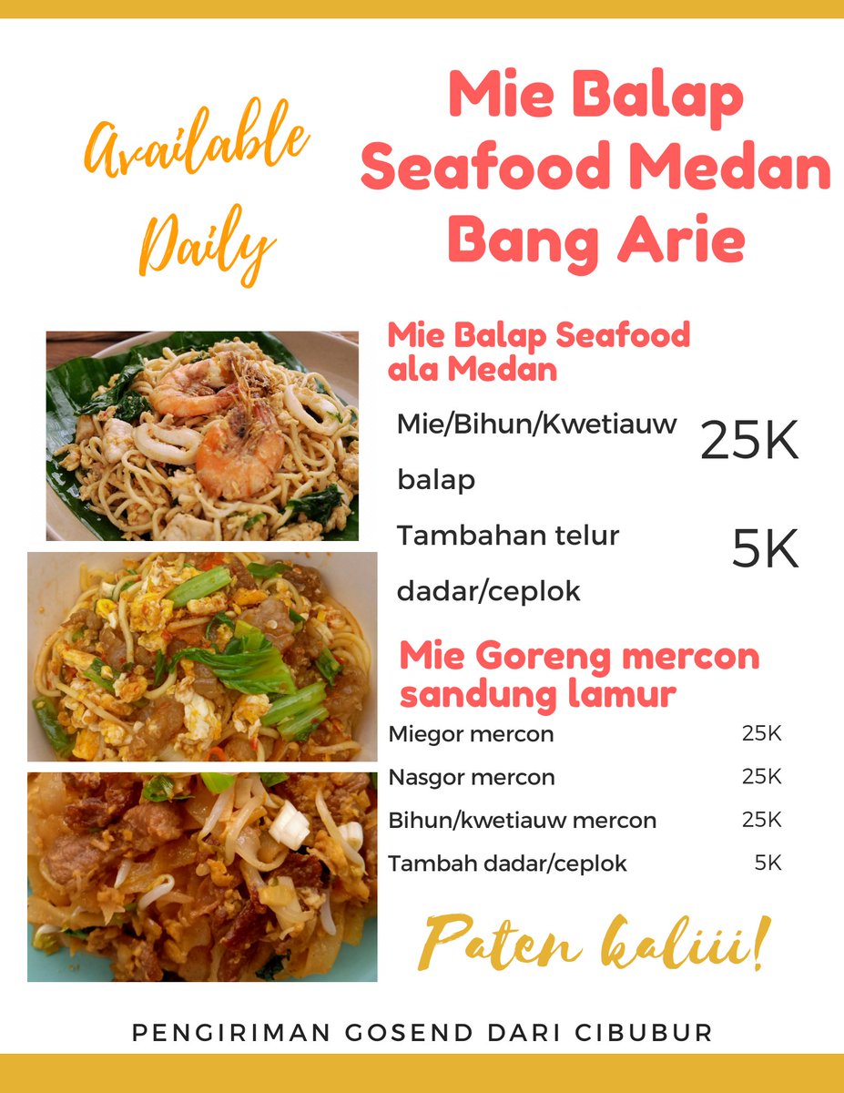 arieparikesit's tweet photo. Available today and tomorrow:
#MieBalapSeafoodMedan #MieMercon
#OsengMercon (daging/sandung lamur)
#Krengsengan kambing
#Malbi Palembang
Bebek ungkep Kartasura.
Pemesanan : https://t.co/9KZkSMdufd https://t.co/1ugH7TywxA