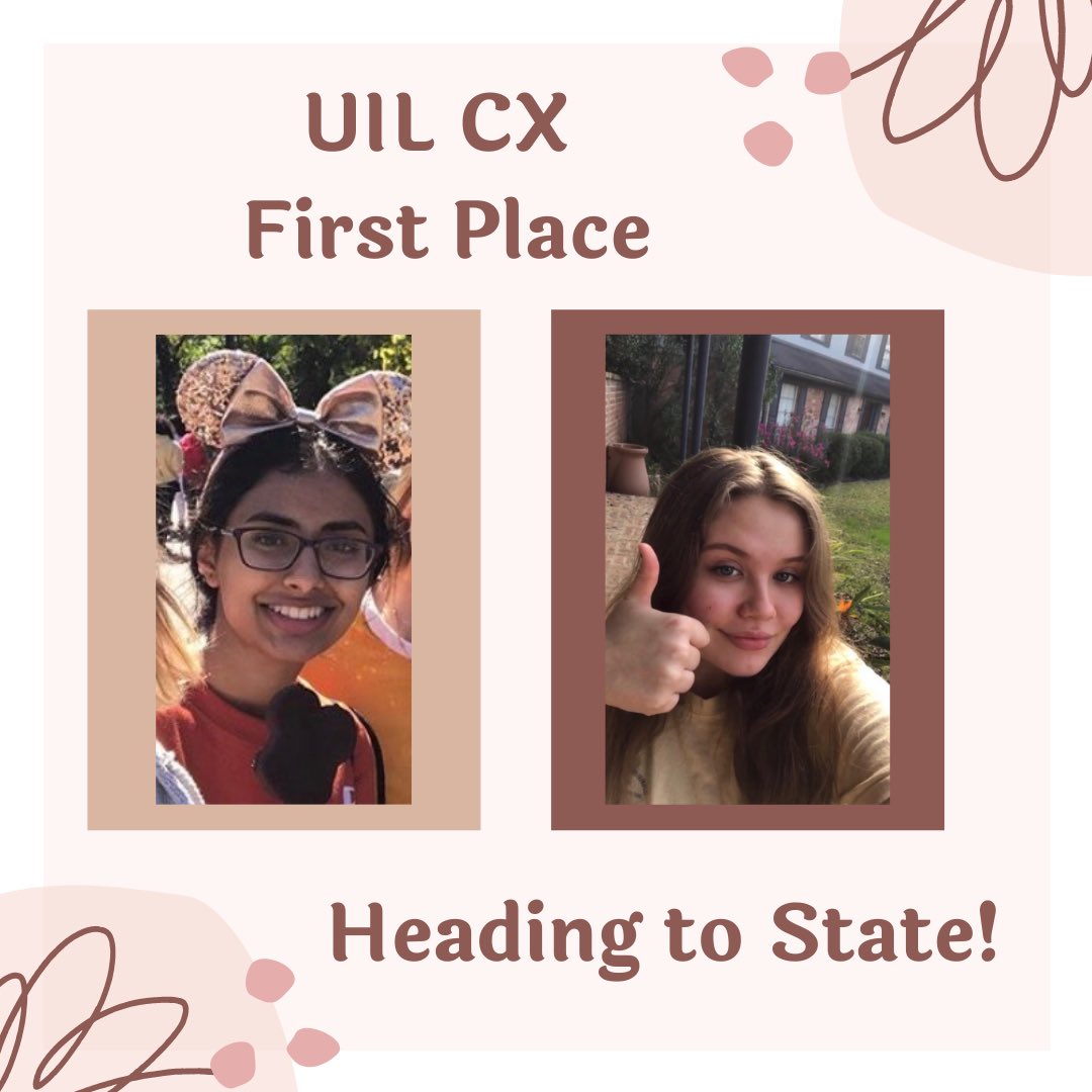 Kleinspeech's tweet photo. We’re so proud of all our debaters who competed in the UIL CX tournament today!!

Gurkiran Kaur and Jacqui Hapner - First place and state qualifiers🏆

Matthew Carey and Steven Ahart - Second place and first alternative

Zoya and Zainab Khan - Third place and second alternative https://t.co/2hPGvnPY9P