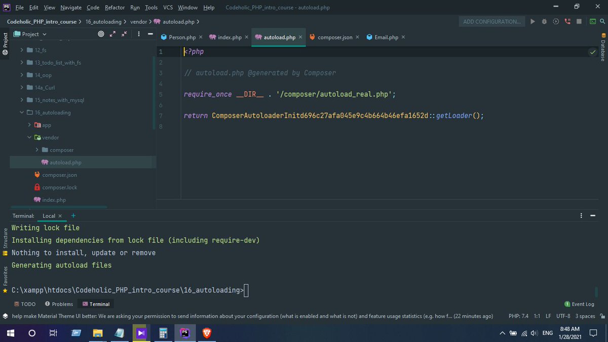 rajoyish's tweet photo. Day 69 of #100DaysOfCode | Using #composer #autoload #php https://t.co/VTv6LYaDlp