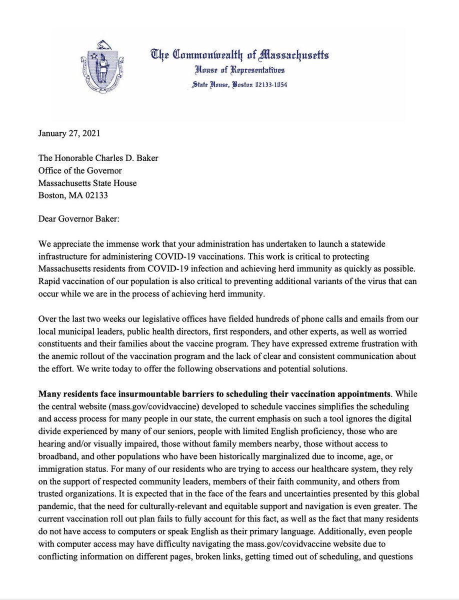 Just a few moments ago I joined several House colleagues in sending a letter to  @MassGovernor expressing our deep concerns with the vaccine roll out. See letter and synopsis below.  #MAPoli  #publichealthmatters 1/