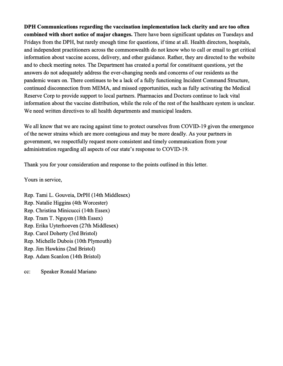 Just a few moments ago I joined several House colleagues in sending a letter to  @MassGovernor expressing our deep concerns with the vaccine roll out. See letter and synopsis below.  #MAPoli  #publichealthmatters 1/